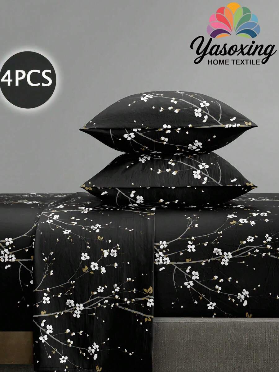 4 件套黑色梅花枝花卉图案床单套件，易于护理超细纤维柔软床上用品套装花卉床笠套件（1 件床单+1 件床笠+2 个枕套）床笠套件特大号双人床全尺寸床单深口袋最大 11.8 英寸枕套，柔软透气防皱，更适合睡眠，豪华酒店风格，送给妈妈爸爸朋友宿舍床上用品返校床上用品的礼物