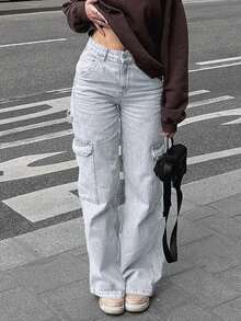 NVFelix 2026款高腰宽松直筒工装牛仔裤，女士款，优雅休闲Y2K街头风，适合春夏穿着，浅灰色 - 淺灰色 - 查看 4