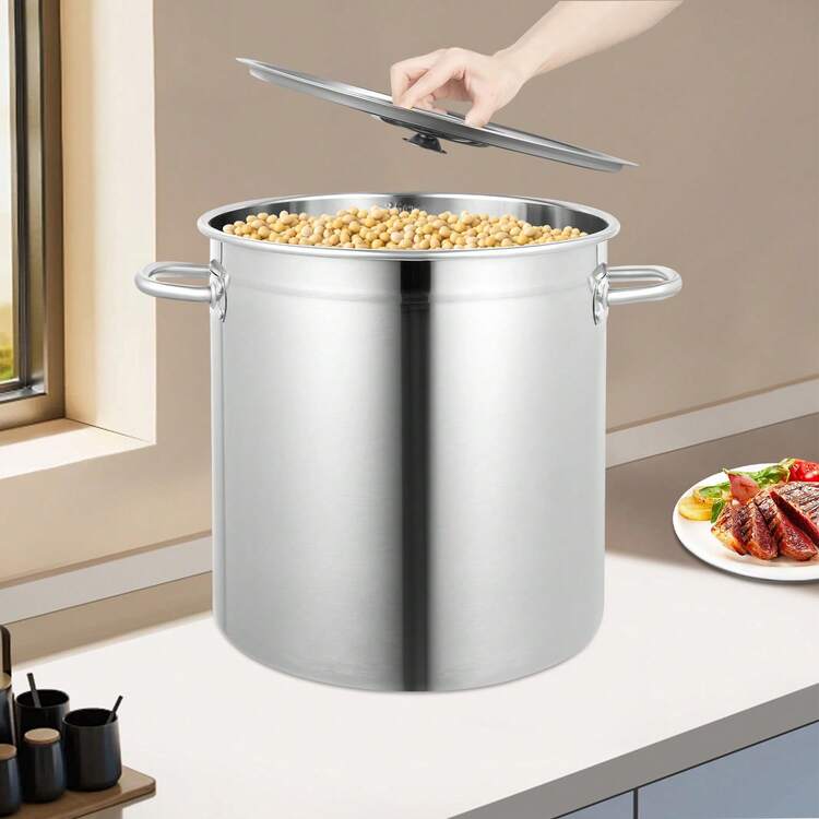 HaroldDol 35L/9.25Gal Stock Pot Stainless Steel Large Kitchen Soup Big Cooking Restaurant The Best Gift/Present For Family&Friends Happy Christmas - Silver - View 1