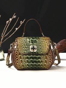 Classic Solid Color Mini Square Handbag, Crocodile Pattern Top Handle Bag For Women - 1#綠色+棕色 - 查看 1