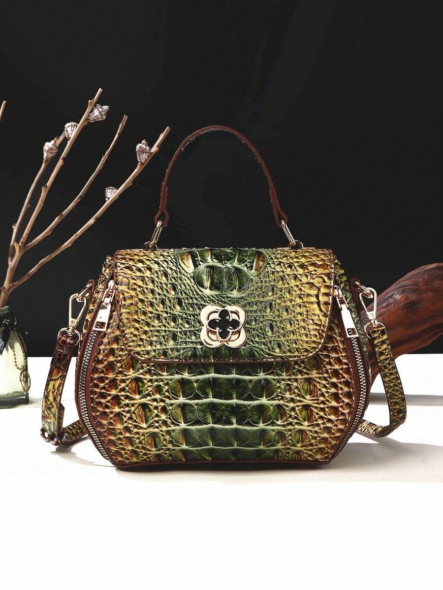 Classic Solid Color Mini Square Handbag, Crocodile Pattern Top Handle Bag For Women - 1#綠色+棕色 - 查看 1