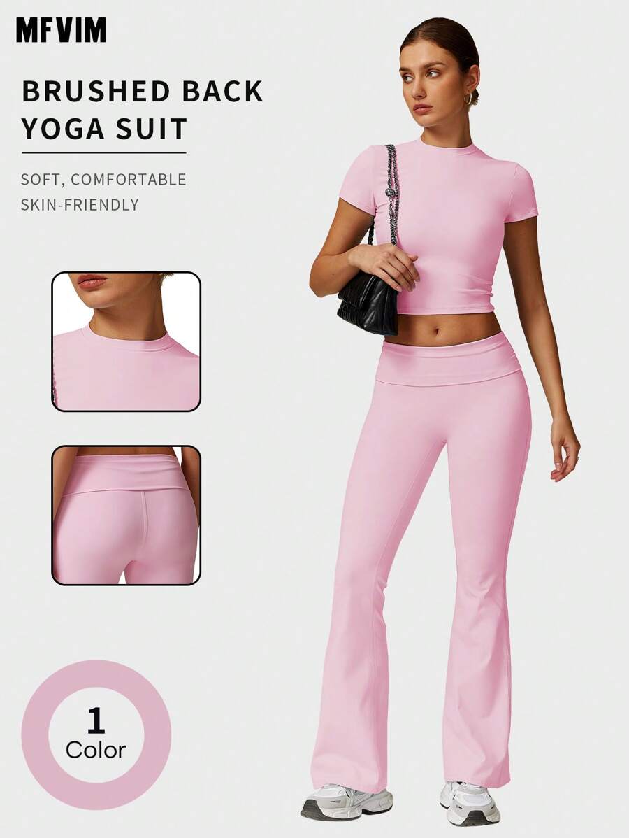MFVIM Pink Women's 2 Pieces Summer Active Set - High-Waist Micro-Flared Leggings & Fitted Running Tee - Versatile Outdoor Casual Yoga Activewear