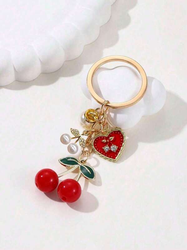 Una pieza de llavero de cereza con resina de goteo de aceite, llavero de resina de unicolor de cereza de perla con goteo de aceite, joyería de llavero de metal, colgante en forma de hoja de cereza, colgante de corazón de cereza con diamante de perla, colgante de bolsa de fruta, cadena decorativa, colgante de cadena de bolsa decorativa, colgante de bolsa adecuado para bolsos, bolsos de mano, bolsos cruzados, bolsos de hombro