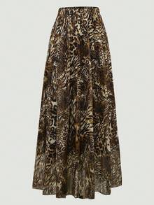 女式豹纹网眼全印花 A 字裙，简约时尚休闲日常波西米亚全印花 - 彩色 - 查看 4