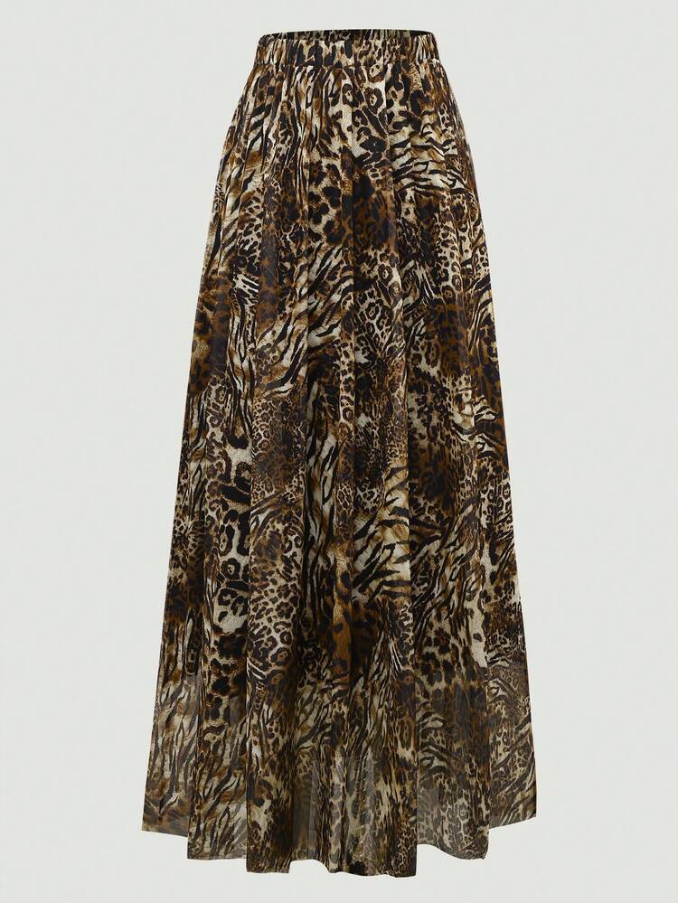 女式豹纹网眼全印花 A 字裙，简约时尚休闲日常波西米亚全印花 - 彩色 - 查看 4