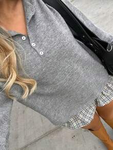 Women's Fall Back To School Polo Collar Pullover Casual Knitwear, Old Money Style Long-Sleeve Female Top - Grey - View 10