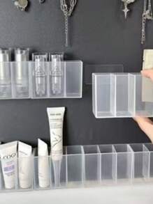 2pcs Minimalist Transparent Plastic Storage Boxes - Wall Mounted 3-Compartment Organizer - Suitable For Makeup Brushes, Pencils, Lipsticks - For Bedroom And Office Use - No Drilling Required