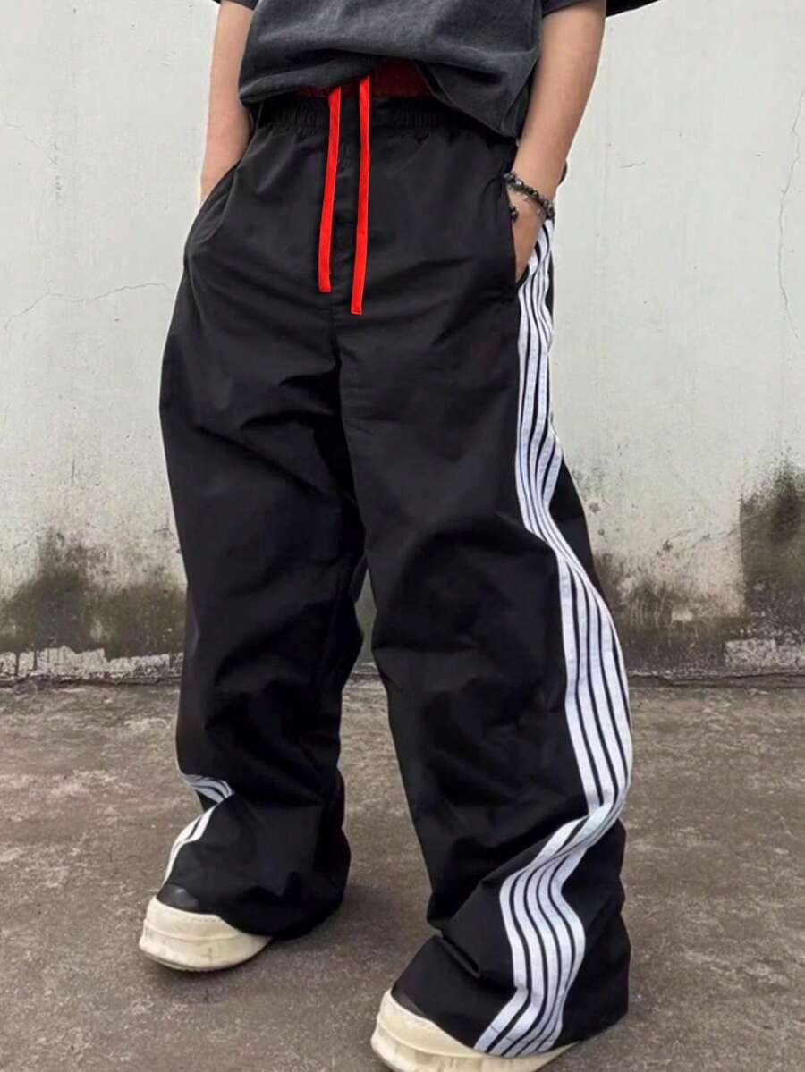 男士抽绳腰侧条纹阔腿宽松休闲时尚运动裤 - 黑色 - 查看 1