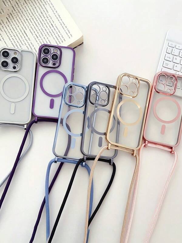 奢华斜挎项链挂绳电镀透明手机壳适用于 17Air 16E 16 15 14 13 12 Pro Max 11 亮面磁吸无线充电保护套