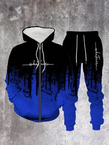 A Set Of Men's Casual Polyester Hoodie And Sweatpants, Black And Blue Blocks With Letter Prints, Comfortable And Elastic Fit, Regular Style, Suitable For Casual And Outdoor Use, Spring And Autumn Series  Spring/Fall    Regular Fit    Drawstring  Pocket - 藍色 - 查看 1