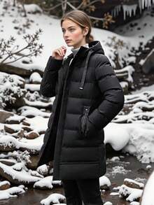 女士加厚羽绒服，长款加厚羽绒服，女士冬季拉链长袖外套，女士连帽长款加厚羽绒服，秋冬外套，女士休闲拉链蓬松连帽长款加厚羽绒服 - 秋冬