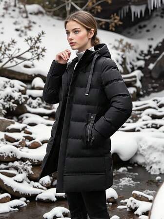 女士加厚羽绒服，长款加厚羽绒服，女士冬季拉链长袖外套，女士连帽长款加厚羽绒服，秋冬外套，女士休闲拉链蓬松连帽长款加厚羽绒服 - 秋冬