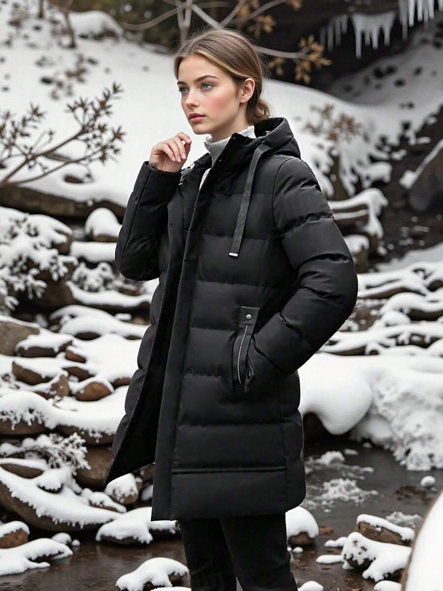 女士加厚羽绒服，长款加厚羽绒服，女士冬季拉链长袖外套，女士连帽长款加厚羽绒服，秋冬外套，女士休闲拉链蓬松连帽长款加厚羽绒服 - 秋冬