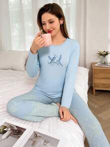 Mirano Slogan Print Short Sleeve Top & Cherry Pattern Long Pants Pajama Set - Baby Blue - View 4