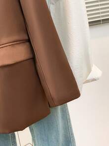 女士优雅长袖尖领西装外套，聚酯纤维面料，纽扣细节，常规版型和长度，无弹力设计 - 棕色 - 查看 7