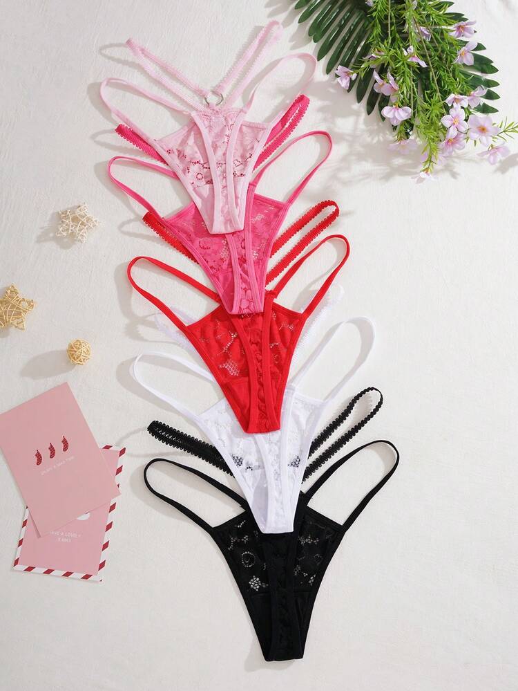 5pcs Women's Cute & Romantic French Style Low Waist Comfortable Bikini Thong Panties - Multicolor - View 2