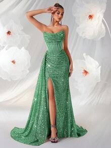 ADYCE Đầm dạ hội đuôi cá không dây vai đính sequin dành cho nữ, thiết kế xếp ly eo cao, xẻ tà bằng ruy băng satin, thắt lưng hở, thích hợp cho tiệc cocktail, tiệc tối trang trọng, đầm dài chạm sàn, cũng thích hợp cho khách dự đám cưới, các dịp trang trọng, lễ tốt nghiệp, hẹn hò và năm mới. - màu xanh lá - Xem 3