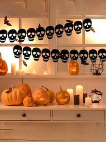 1 Set Gothic Schwarze Herzförmige Totenkopf Girlande Wimpel, Schwarze Filz Herzförmige Dreieck Wimpel, Halloween Totenkopf Wimpel, Geeignet für Gothic Geburtstagsparty Dekoration - Halloween Heimdekoration, Raumdekoration, Feiertags Heimdekoration und Party Hintergrund, Themenparty Dekoration - Verschiedenfarbig - Übersicht 3