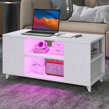 Coffee Table High Gloss With RGB LED Lights, Adjustable Storage Shelf, 97.5 X 48 X 45 Cm - White - View 2