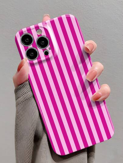 1pc Minimalist Striped Pattern Perforated Glossy Faux Leather Full Coverage Hard Phone Case, Compatible With IPhone 11/12/13/14/15/16 Pro Max Waterproof Shockproof Anti-Fall Scratch Resistant