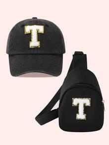 2件套儿童男童纯色26字母棒球帽和卡车帽配迷你背包套装，女童2件套轻便便携式零钱包，适合日常户外防晒