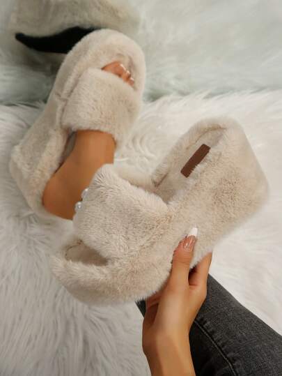 Women's Casual Cute Fluffy Slip-On Slippers With Thick Platform Wedge Heel, Suitable For Indoor And Outdoor Wear, Spring/Autumn,Furry Shoes