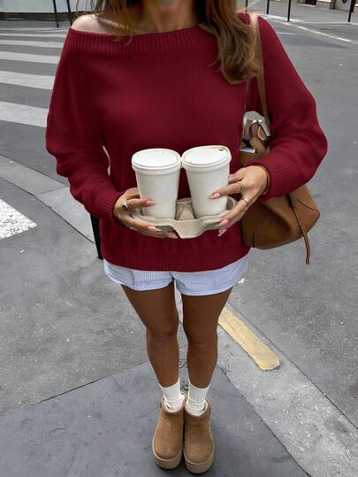 Women's New Fashionable Plain Knit Crew Neck Casual Elegant Street Outing Date Loose Dropped Shoulder Solid Color Minimalist Long Sleeve Pullover Sweater, Valentine's Day, Concert, Street Style, New Year's, Elegant, Summer Tops, Casual, Spring, Vacation, Holiday, Summer Holiday