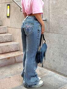 Fashionable Millennium Style Casual Women's Classic Light Color Embroidered Back Pocket Straight Leg Long Jeans - Rửa tối - Xem 5