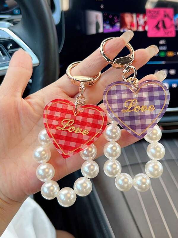 1 Schlüsselanhänger in Herzform aus Acryl – modisches Perlendekor – eleganter Damen-Schlüsselanhänger, Schlüsselanhänger, Taschenanhänger, ideal für Thanksgiving, Lehrertag, Geburtstagsfeier, Weihnachtsgeschenkideen, Taschenzubehör, Schlüsselbänder mit Ausweishalter, Autozubehör, Taschenanhänger
