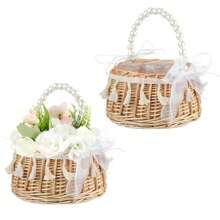 1 pieza Canasta de flores tejida para boda con asa de perlas falsas, decoración elegante con moño, portátil y multifuncional para almacenamiento en el hogar y organizador de varios usos, Navidad, San Valentín, Acción de Gracias con estilo rústico y campestre