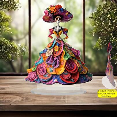 2D Bohemian Style Crystal Skull Statue - Vibrant Floral And Skull Design, Multipurpose Tabletop Decor For Living Room, Bedroom Or Office, Unique Home Gift - 6.3x7.9 Inches, Boho Room Decor | Lively Skull Design | Intricate Craftsmanship, No Power Required