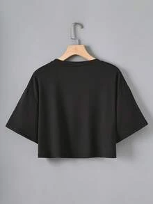 Women's Black Relaxed Fit Cropped T-Shirt - Cute Cat & "I'M OK!" Graphic Print, Round Neck Short Sleeve Top For Running, Gym, Casual Wear - Machine Washable Spring/Summer Tee, Ladies T-Shirts - Black - View 2