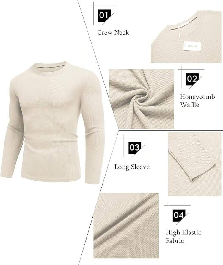 Men's Long Sleeve Shirts Honeycomb Waffle Pullover Sweater Crewneck Thermal Tops Lightweight Undershirts - 米色 - 查看 2