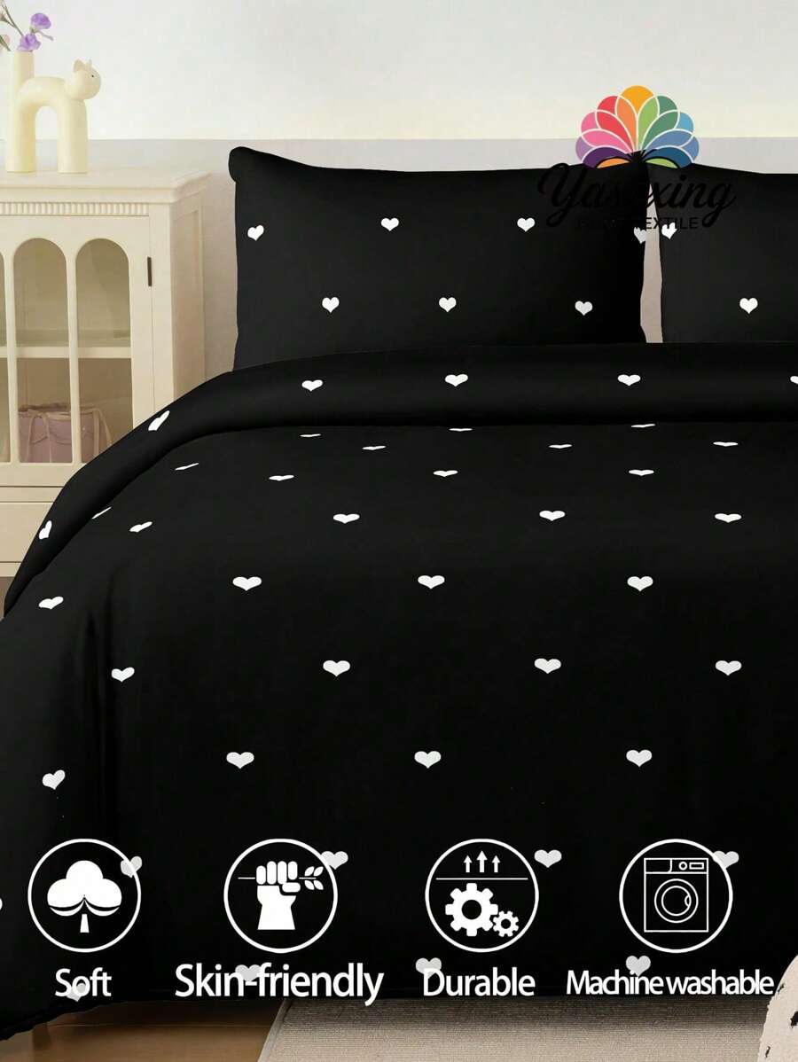 2/3pcs Black Heart Pattern Bedding Set, Soft & Breathable Microfiber Bedding Set, Easy Care, Wrinkle-Resistant, Luxury Hotel Style, Gift For Parents & Friends, Duvet Cover*1, Pillow Case*1/2, Available In Oversized, Queen, Full, Twin Sizes, Suitable For Valentine's Day, Dorm, Back To School