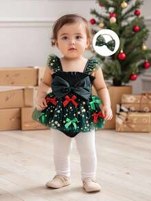 Newborn Baby Girl Christmas Outfit, 1st Christmas Dress Sleeveless Stars Bows Tulle Patchwork Romper Dress With Hairband - 綠色 - 查看 2