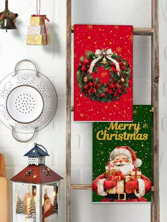 Toalla de cocina de 40*60cm con estampado de corona de Navidad y copos de nieve, fondo verde/rojo, con Papá Noel y árbol de Navidad, absorbente, decoración de mesa navideña, decoración para fiesta de Navidad