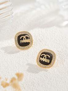 2 件时尚水晶字母耳环，适合女士，奢华优雅个性化耳环，2025 年新品 - 金色+黑色 - 查看 4