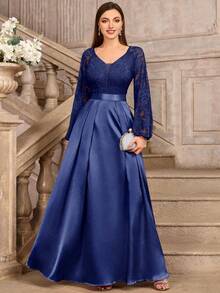 MIUSOL Đầm dạ hội dài cổ chữ V sâu, ren hoa phối satin, tay phồng, thích hợp cho ngày Valentine. - Màu xanh hải quân - Xem 7