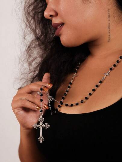 1 pieza Collar de rosario de cristal negro con colgante de cruz larga para hombres y mujeres, joyería religiosa