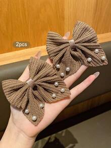 2pcs Fashionable & Sweet Bowknot Hair Clips, Suitable For Daily Use - Coffee Brown - View 4