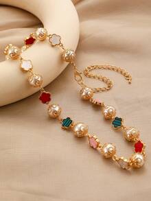 1 件时尚精致仿珍珠串珠项链，镂空花朵和三叶草设计优雅颈链，适合女性日常、派对、婚礼穿着或礼物 - 金黃色 - 查看 5