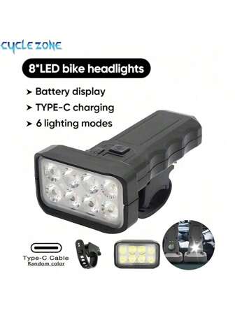 8 LED 自行车前灯带电池指示灯，可充电山地车前灯，自行车手电筒，夜间骑行照明