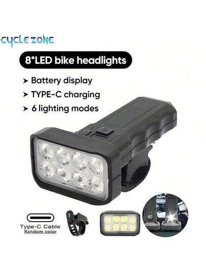 8 LED 自行车前灯带电池指示灯，可充电山地车前灯，自行车手电筒，夜间骑行照明