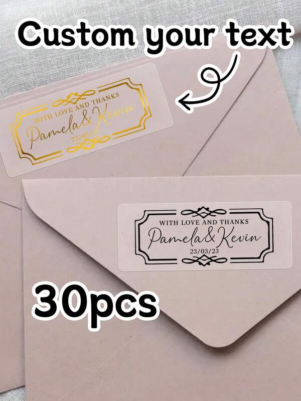 30-300Pcs Custom Wedding Stickers,Personalize Name Label Stickers,Customizable Text Transparent Stickers,Customized Thank You Stickers,Wedding Favor Stickers,Gold Stamping Rectangle,Bride And Groom,Birthday Gifts,Anniversary,Christmas,Bridesmaids,Invitations,Gift Box,Men,Women,Sisters,Unique Gifts