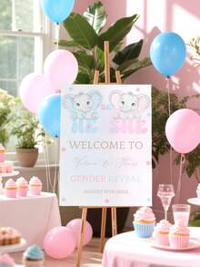 Personalized Name Elephant Gender Reveal Welcome Sign, Customizable Pastel Pink And Blue Baby Shower Poster, Baby Shower, Gender Reveal Poster - Multicolor - View 3