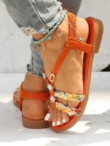 Women's Flat Sandals With Elastic Straps & Floral Design – Perfect For Beach Days And Travel,Plus Size Women's Sandals11 - quả cam - Xem 2