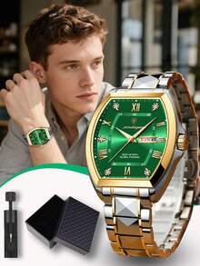 POEDAGAR 1件男士商务日期星期不锈钢表盘桶形设计防水夜光石英休闲时尚腕表，适合日常佩戴和男士礼品 - 綠色 - 查看 3