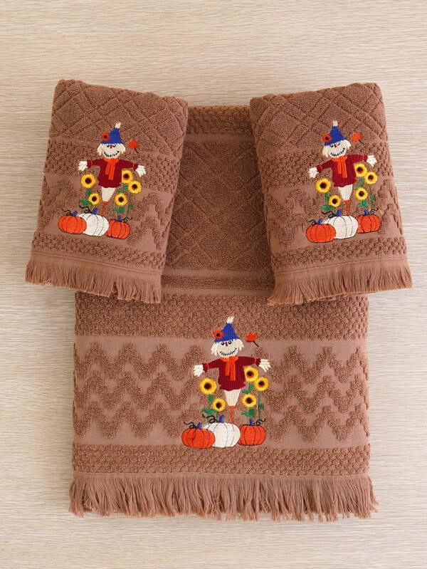 QIBHI 3/1pc(S) Cotton Terry Embroidered Bathroom Towel/Hand Towel, Autumn Decor, Scarecrow Festival Decoration, Sunflower Countryside Holiday, Holiday Gift