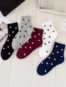 5 Pairs Solid Color Heart & Vertical Stripe Fashion Ankle Socks, Comfortable Women's Socks For Spring, Summer, Autumn, Suitable For Daily Use