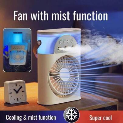 RAF 3-Speed Adjustable Portable Fan With Nano Mist Spray Function, Mini Air Cooler USB Small Air Conditioner 3-Gear Adjustable Mist Spray Fan With Night Light